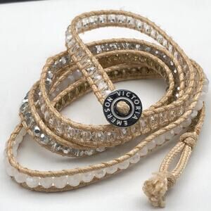Victoria Emerson Bracelet 34" Beaded Boho Wrap Neutral Tan Crystals w/ Pouch